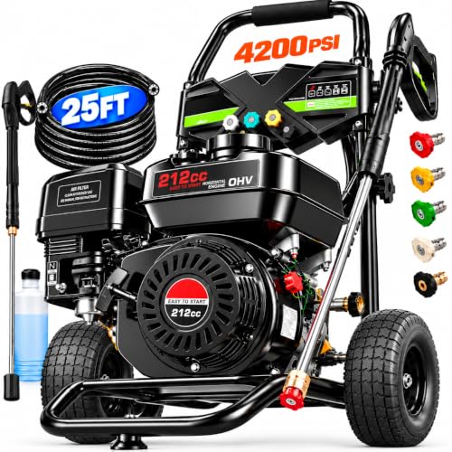 4200 PSI 4.0 GPM Gas Pressure Washer, 212cc Heavy Duty Power Washer, Commercial Gas Powered Pressure Washer for Driveways, Cars, Decks, Patios, Siding and Outdoor Cleaning