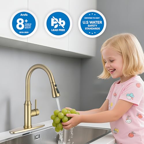 Brushed Gold Kitchen Faucet with Pull Down Sprayer, 3-Mode Sprayer - view 3