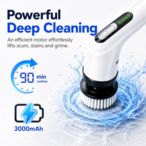 Electric Spin Scrubber for Bathroom, IPX7 Waterproof Shower Scrubber with Extendable Long Handle, Bathroom Cleaning Scrubber with 7 Reusable Brush Heads (White) - view 2