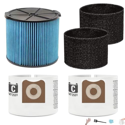 1 Pack VF3500 Filters + 2 Pack Foam Sleeves + 2 Pack VF3501 Bags, for Ridgid WD3050 WD4080 4000RV 4500RV, Compatible with 3-4.5 Gallon Shop Vac Wet/Dry Vacuums