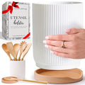 White Ceramic Utensil Holder with Built-In Wooden Spoon