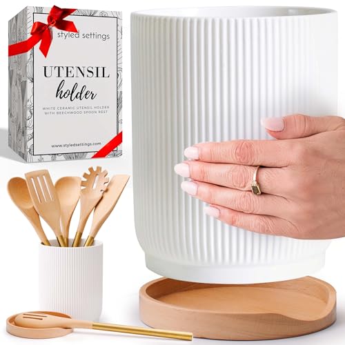 White Ceramic Utensil Holder with Built-In Wooden Spoon