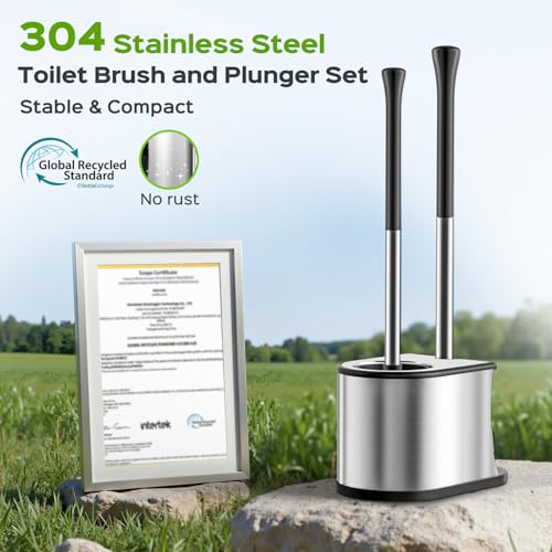 Toilet Plunger and Brush Set: Bathroom Powerful Cleaning Round Bristle Brush - Stainless Steel Heavy Duty Unclogging and Bowl Brush Combo - Compact Home Apartment Restroom Decor Accessories - view 5