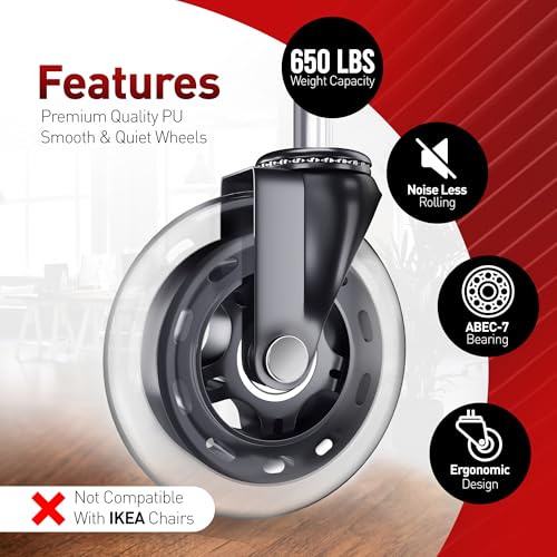 Office Chair Caster Wheels Set of 5 - Smooth 3 inch Heavy-Duty Replacement Rubber Wheels for Gaming & Desk Chair - Easy to Install, Suitable for Hardwood Floors, Carpet, Tiles (Clear) - view 3
