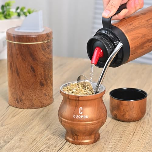 Yerba Mate Cup - Mate Gourd Set Includes Double Walled Stainless Steel Tea Cup, Tea Shaper set, Bombilla Straws, Cleaning Brush (Wood Grain) - view 3