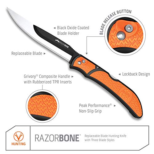 RazorBone Replaceable Blade Folding Hunting Knife with Clip & Sheath, 3 Butcher Knife Blade Styles - Boning, Gutting, & Skinning Knives. Blaze Orange, Camo Sheath, 6 Blades & Blade Box - view 2