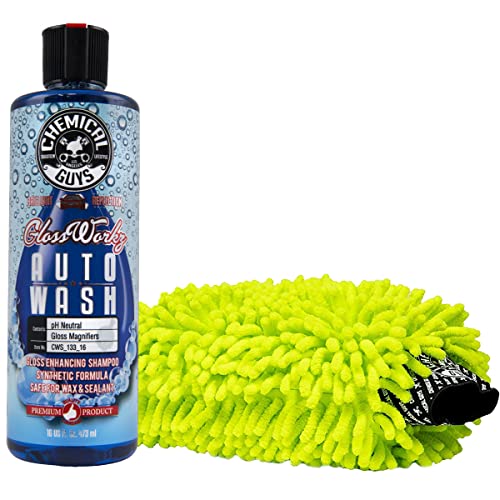 CWS_133_16M Car Wash Starter Bundle - Glossworkz Gloss Booster Car Wash Soap, 16 oz, Watermelon Scent + Green Chenille Wash Mitt (2 Items) Works on Cars, Trucks, SUVs, RVs & More
