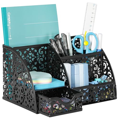Desk Organizer and Pen Holder for Desk, Mesh Office Supplies Storage Caddy with Drawer for Small Space, Desktop Organizer for Home Office, Black
