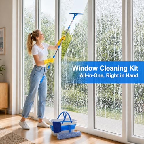 Window Cleaning Kit, Window Washing Kit with 3 Gallon Collapsible Bucket, 14-Inch Squeegee & 15-Inch Scrubber, 76-Inch Extendable Pole, Window Washing Equipment for Home & Commercial (76 inch) - view 3