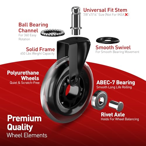 Office Chair Caster Wheels Set of 5 - Smooth 3 inch Heavy-Duty Replacement Rubber Wheels for Gaming & Desk Chair - Easy to Install, Suitable for Hardwood Floors, Carpet, Tiles (Clear) - view 2