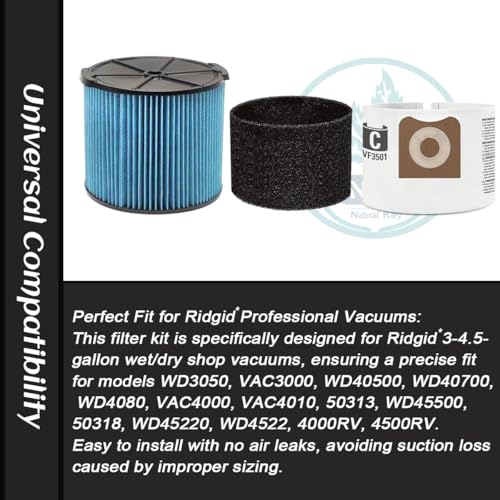 1 Pack VF3500 Filters + 2 Pack Foam Sleeves + 2 Pack VF3501 Bags, for Ridgid WD3050 WD4080 4000RV 4500RV, Compatible with 3-4.5 Gallon Shop Vac Wet/Dry Vacuums - view 3