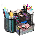 Mesh Pen Holder Desk Organizer with Drawer Stationery Supplies Organizer for Dorm School 9 Compartments Workspace Desk Accessories Organization for Office, Black