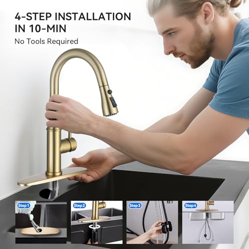 Brushed Gold Kitchen Faucet with Pull Down Sprayer, 3-Mode Sprayer - view 6