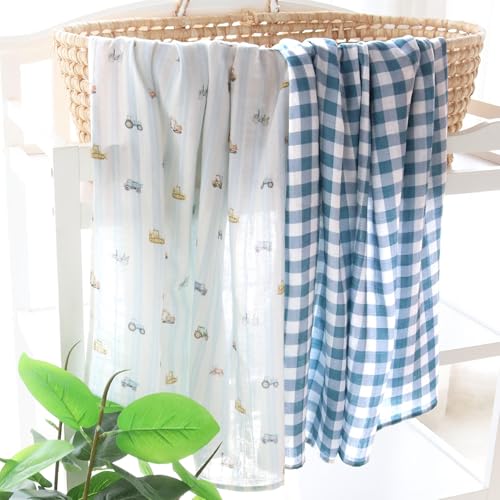 Baby Swaddle Blankets, Boys Girls Muslin Swaddling Wrap Receiving Blanket for Newborn, 70% Viscose from Bamboo and 30% Cotton, Large 47" x 47", Car and Checkered - view 5