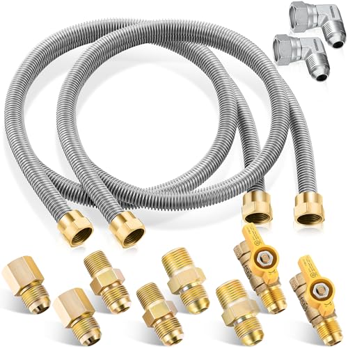 2 Pack 48 Inches Gas Hose Connector Universal Gas Appliance Hook Up Kit, with 1/2" On/Off Valve and 4 Couplings for Propane Stove Wall Mounted Heater, Flexible Connector for Propane Heater