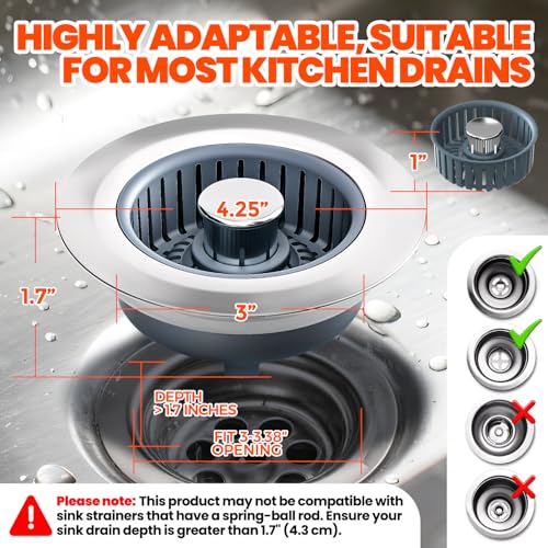 3 in 1 Kitchen Sink Drain Strainer and Stopper Silver 1 Pack - view 6