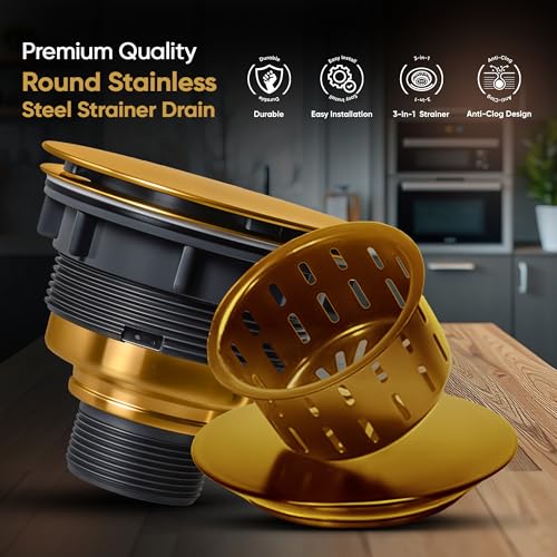 Strictly Sinks Sink Drain Strainer with Removable Basket - 3-1/2 Inch Stainless Steel Round Kitchen Sink Drain Assembly Kit with Deep Strainer Basket & Flat Cover Lid (Gold) - view 2