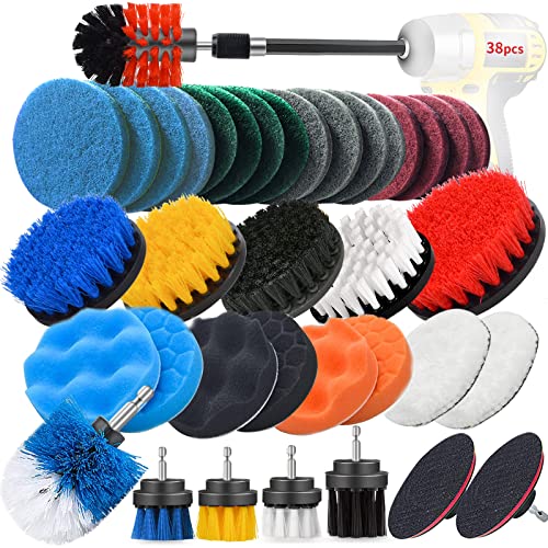 Drill Brush Scrub Pads 38 Piece Power Scrubber Cleaning Kit - All Purpose Cleaner Scrubbing Cordless Drill for Cleaning Pool Tile, Sinks, Bathtub, Brick, Ceramic, Marble, Auto, Boat