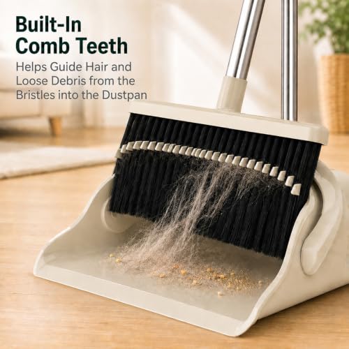 Broom and Dustpan Set, 52-Inch Adjustable Long Handle with Self-Cleaning Comb Teeth, Flexible TPR Lip and Foot-Assisted Fold-Up Dustpan for Home, Kitchen, Office and Apartment, Gray Yellow - view 2