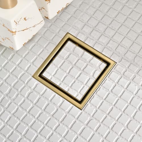 4‑Inch Square Shower Floor Drain, Brushed Gold, Tile‑Insert Cover Panel - view 4