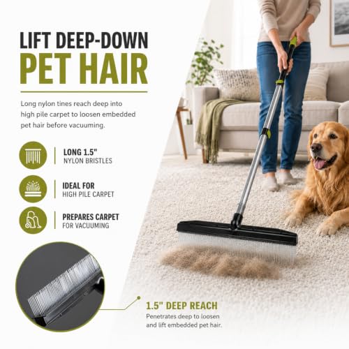 Room Groom Carpet Rake and Groomer with Telescoping 54 Inch Adjustable Handle, Portable Design, Carpet Brush Ideal for Pet Hair, Refreshing High Pile Carpets, Rugs, and Artificial Turf - view 2