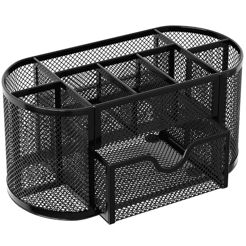 Mesh Pen Holder Desk Organizer with Drawer Stationery Supplies Organizer for Dorm School 9 Compartments Workspace Desk Accessories Organization for Office, Black - view 2