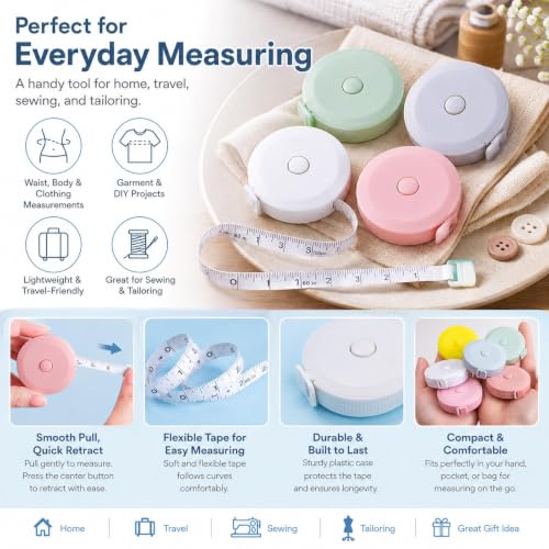 LsFind, Measuring Gadget 3-Piece Set 1.5m Round Plastic Ruler Automatic Retractable Tape Measure Household Mini Dual-Scale Metric/Imperial Measuring Tape (Blue+Green+Pink) - view 5