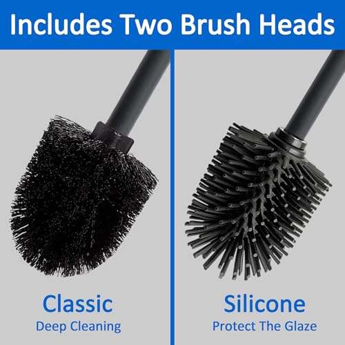 Toilet Bowl Brush and Holder, Toilet Brush with Bamboo Handle and Covered Holder, Dual Brush Options, Weighted Metal Base (Black) - view 5