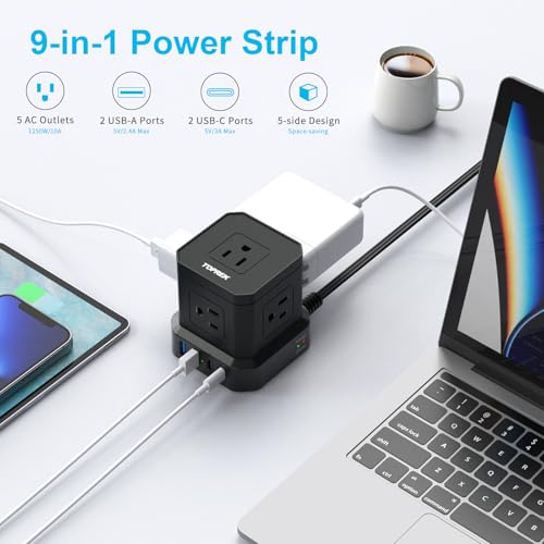 Power Strip Surge Protector (700J), 10 FT Flat Extension Cord with 5 Outlets, 2 USB-C & 2 USB-A, Power Strip with USB for Home, Office, Dorm, Hotel, Travel, Compact Desk Charging Station - view 2