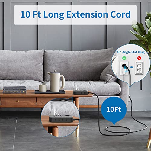 Flat Plug Extension Cord 10 Ft, 6 Widely Spaced Outlet(2 Side) Power Strip with 4 USB Ports, Overload Protection, Wall Mount Charging Station for Home Office, Nightstand and dorm room, Black - view 2
