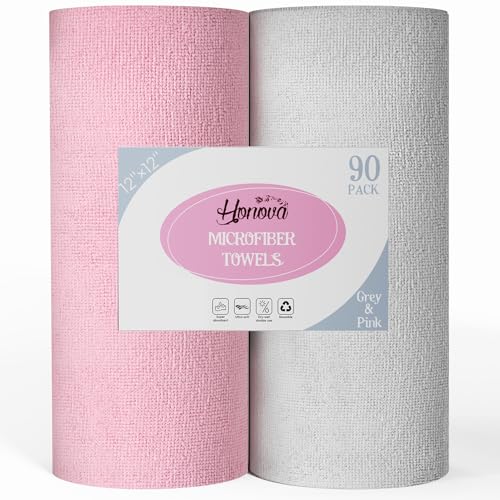 Microfiber Cleaning Cloth Roll 90 Pack, 12"×12", Reusable, Pink & Grey