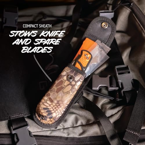 RazorBone Replaceable Blade Folding Hunting Knife with Clip & Sheath, 3 Butcher Knife Blade Styles - Boning, Gutting, & Skinning Knives. Blaze Orange, Camo Sheath, 6 Blades & Blade Box - view 4