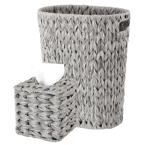 Wicker Trash Can and Square Tissue Box Cover, 4 Gallon Water Hyacinth Bathroom Trash Can, Handwoven Napkin Holder, Narrow Small Waste Basket, Rustic Decorative Home Set for Bedroom,Office (Grey)