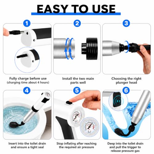 Electric Toilet Plunger High Pressure Drain Unclogger Plungers for Bathroom, Floors, Heavy Duty Versatile Home Toilet Unclogger Tool - view 5