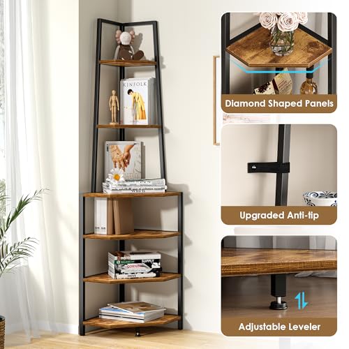 6 Tier Corner Shelf 69 Inch Industrial Bookshelf with Metal Frame, Multipurpose Tall Plant Stand with Opening Display Shelves for Living Room, Bedroom, Home Office, Small Space, Brown - view 6
