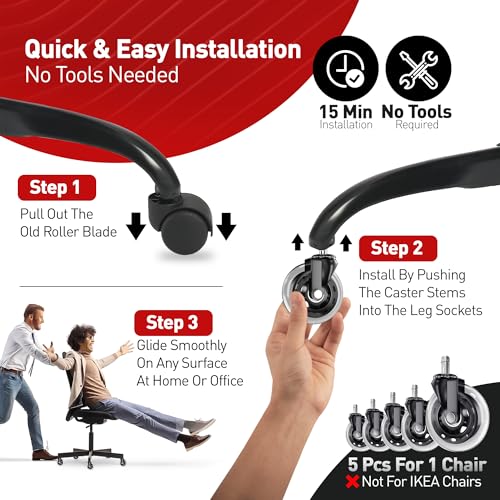 Office Chair Caster Wheels Set of 5 - Smooth 3 inch Heavy-Duty Replacement Rubber Wheels for Gaming & Desk Chair - Easy to Install, Suitable for Hardwood Floors, Carpet, Tiles (Clear) - view 4