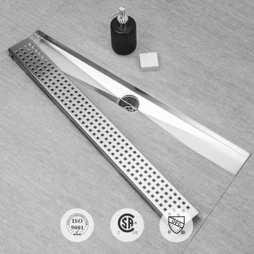 24 inch Linear Shower Drain with Removable Square Hole Panel by Using Brushed 304 Stainless Steel Process, Linear Drain Equipped with Adjustable Feet and Hair Strainer - view 4