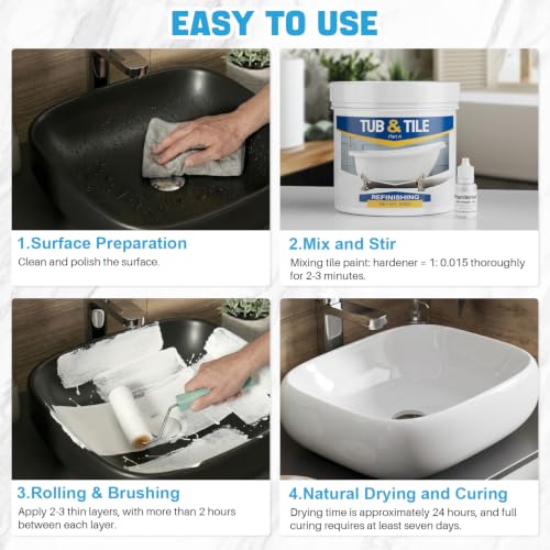 Tub and Tile Paint, 17.6oz White Tub and Tile Refinishing Kit with Hardener, Quick-Dry, Low Odor Bathtub Paint for Bathroom, Kitchen, Tile and Bathtub, 25-30sq.ft - view 5