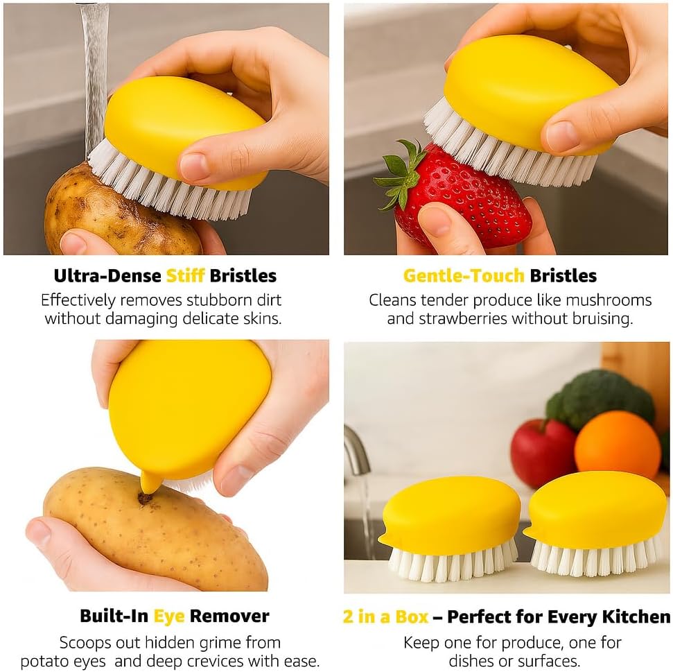 2-Pack Vegetable Brush, Dual Bristles for Daily Produce, Yellow | Dual bristles for daily produce, potatoes, carrots, fruits, greens - view 5