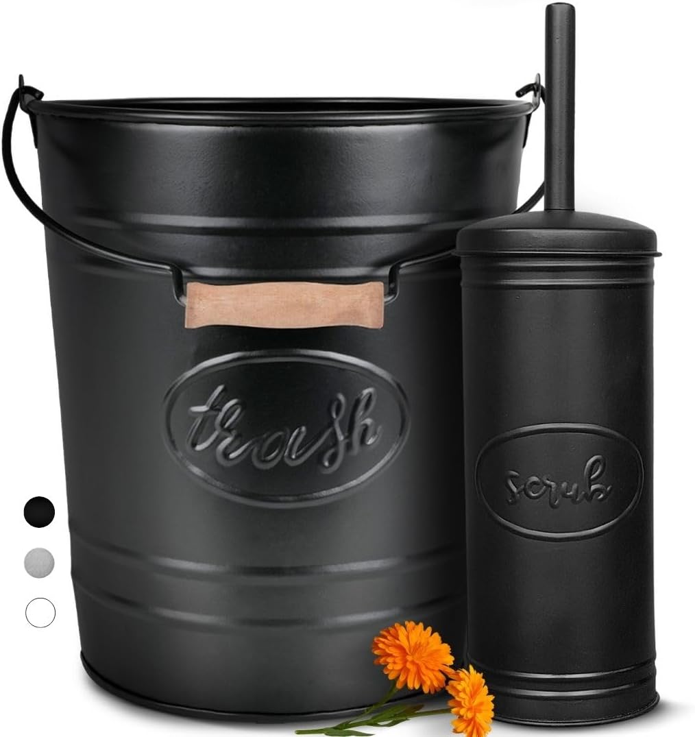 Farmhouse Bathroom Trash Can and Toilet Brush Set, 2 Gallon | Galvanized grey, 2 gallon waste basket, matching toilet bowl brush holder, wood handle, rustic farmhouse guest bath - view 8
