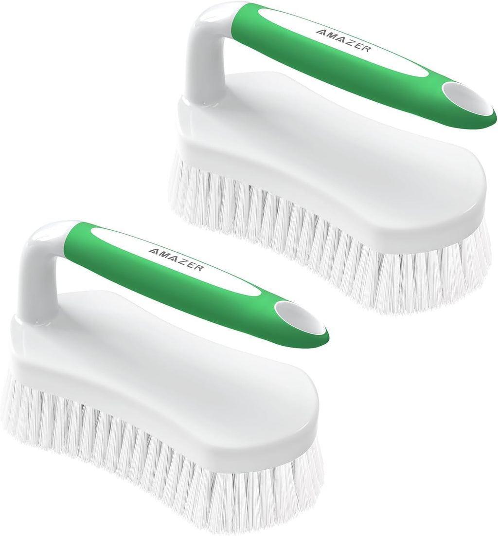 Scrub Brush for Cleaning Comfort Grip Shower Scrubber Stiff Bristles with Handle Heavy Duty Cleaner Brush for Tub Sink Carpet Floor - Pack of 2 (Green+Green)