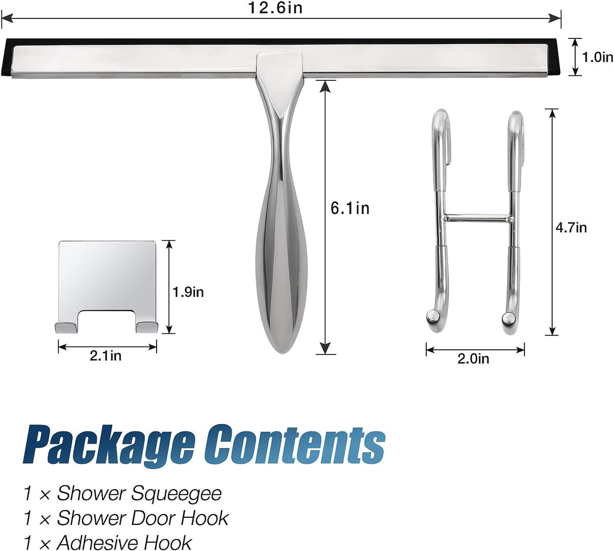 12-inch shower squeegee set, includes shower door hook and adhesive hook, squeegee for shower doors, mirror and window, silver - view 4
