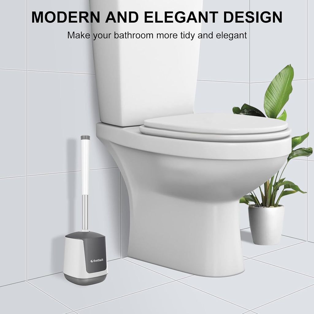 Toilet Brush and Holder, Self Closing Lid Toilet Bowl Brushes Holder and Extra Long Handle Ventilated Toilet Brush Set for Bathroom Cleaning, Nylon Bristles, White & Grey - view 7