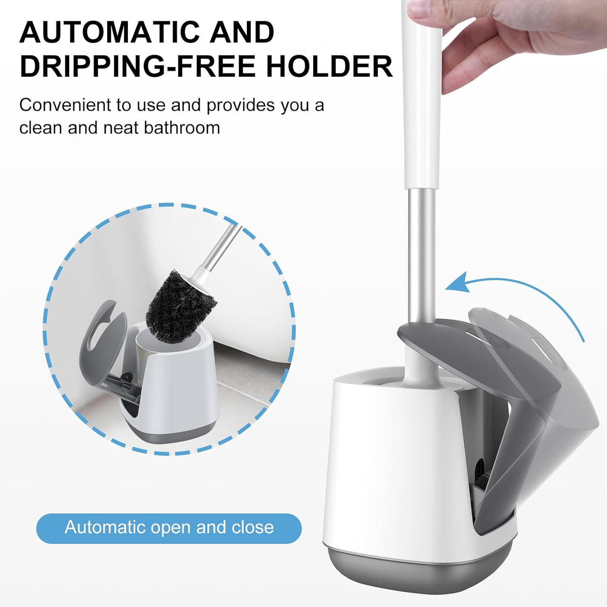 Toilet Brush and Holder, Self Closing Lid Toilet Bowl Brushes Holder and Extra Long Handle Ventilated Toilet Brush Set for Bathroom Cleaning, Nylon Bristles, White & Grey - view 4