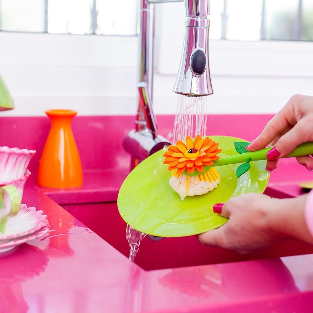 Flower Power Dish Brush with Handle and Vase Holder - Orange | Dish Scrub Brush for Dishes, Kitchen Scrub Brush, Sink Cleaning Brush, Pot Scrubber, Dishwashing Brush - view 5