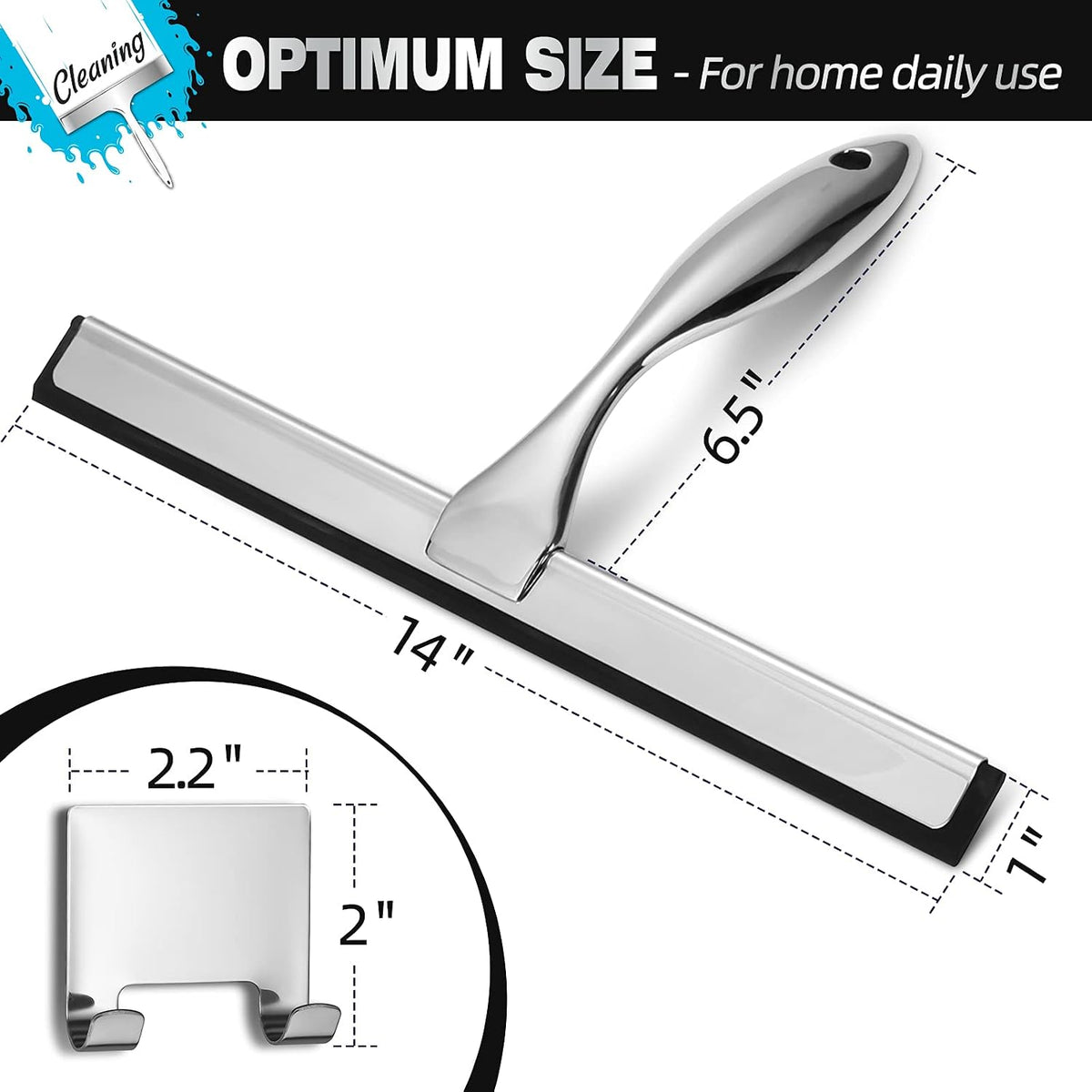 Shower Squeegee, 14-Inch Silver Squeegee, All-Purpose Stainless Steel Squeegee for Bathroom, Shower Doors, Mirrors, Tiles and Car Windows - 100% Streak Free - view 2