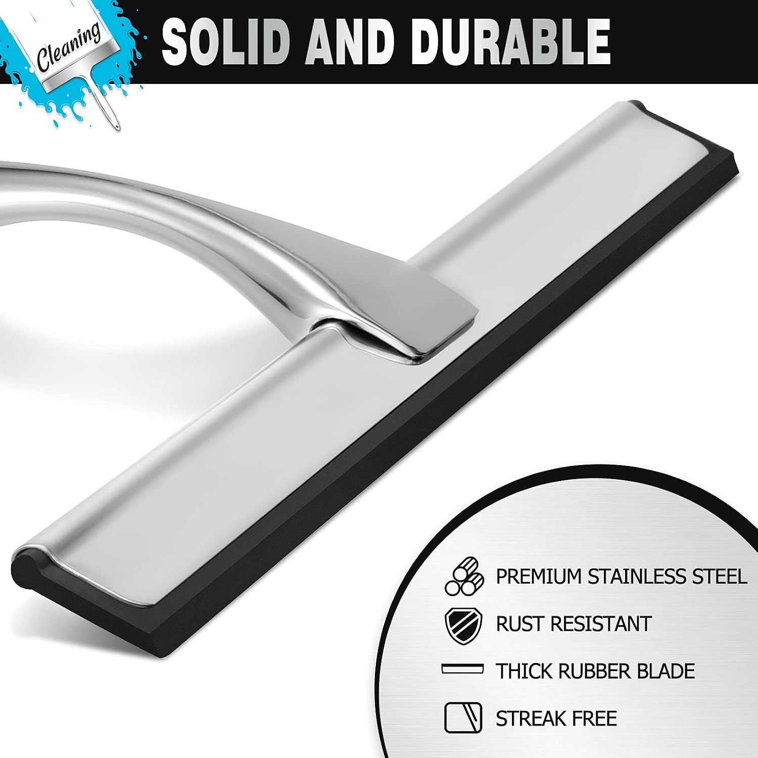 Shower Squeegee, 14-Inch Silver Squeegee, All-Purpose Stainless Steel Squeegee for Bathroom, Shower Doors, Mirrors, Tiles and Car Windows - 100% Streak Free - view 3