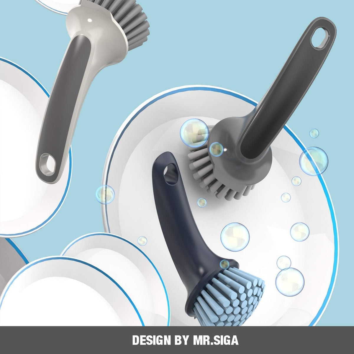 Pot and Pan Cleaning Brush, Dish Brush for Kitchen, Gray, Pack of 2 | Dish brush with non slip handle and built in scraper - view 4