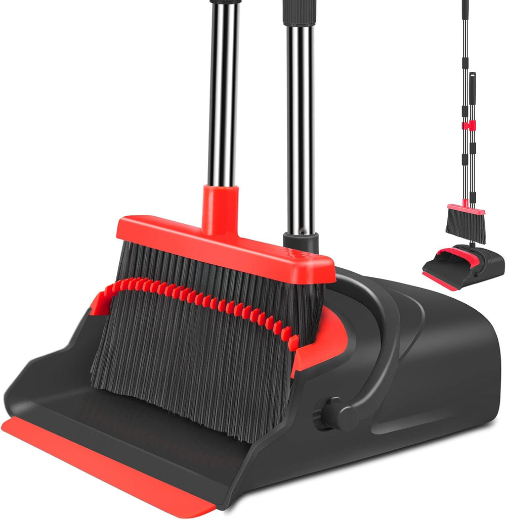Upgrade broom and dustpan set, broom with dustpan combo set, large size and with long handle, upright, ideal for indoor outdoor garage kitchen room office lobby use (black&red)