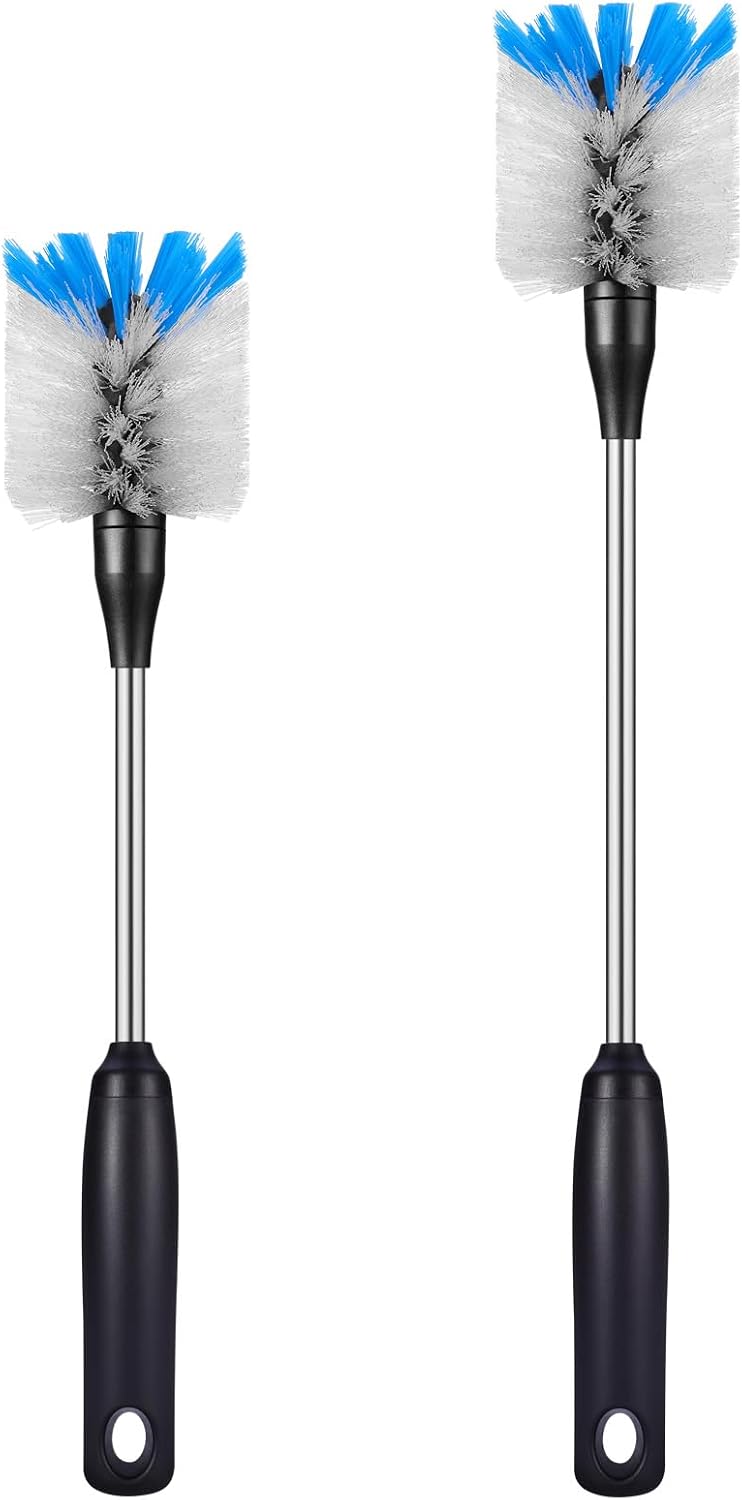 Stainless Steel Bottle Brush with Replaceable Head, 13 in - 15 in | 2 Pack, White, Long Handle Scrubbing Brush for Water Bottles, Glasswares, Mugs, Flasks, Tumblers, Vases, and Kitchen Sink